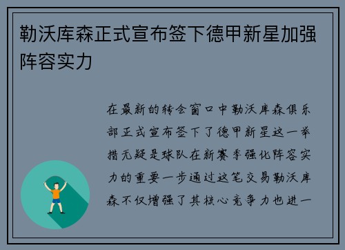 勒沃库森正式宣布签下德甲新星加强阵容实力 勒沃库森正式宣布签下德甲新星加强阵容实力