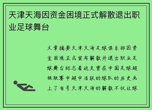 天津天海因资金困境正式解散退出职业足球舞台